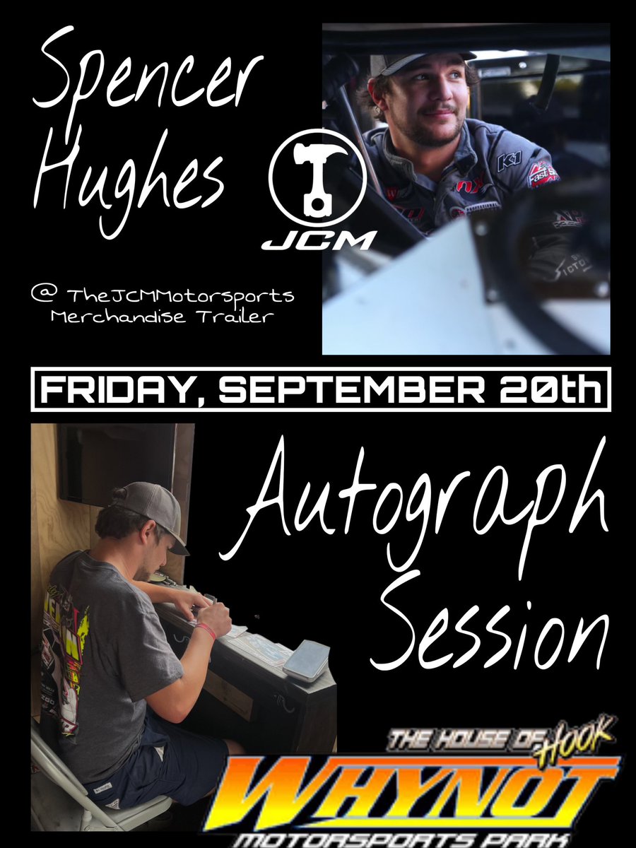 Catch Spencer Hughes at Whynot Motorsports Park this Friday, September 20th at the JCM Motorsports Merchandise Trailer signing autographs!  

Spencer will be meeting fans and signing autographs for 30 minutes prior to the drivers meeting!

See y’all there🏁
