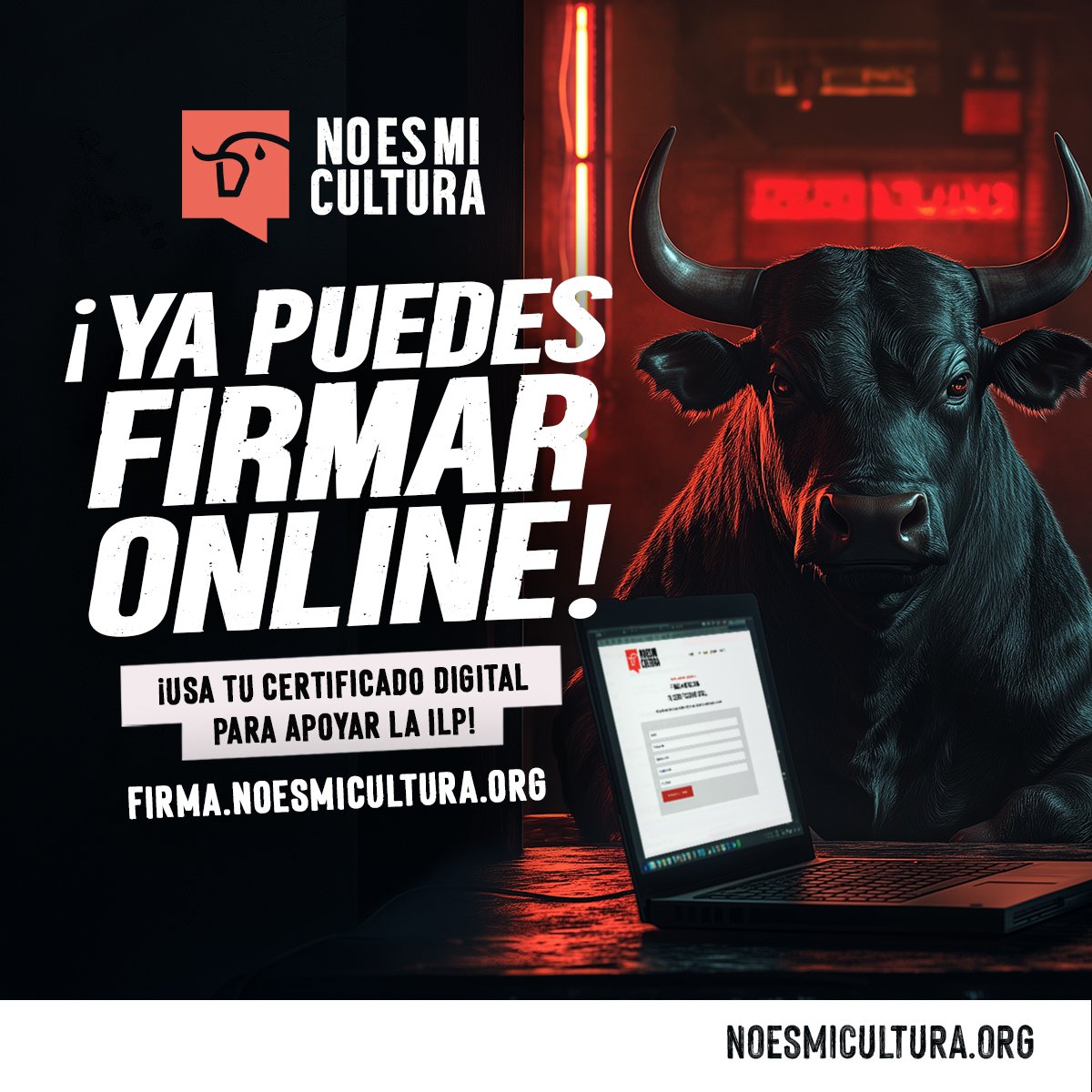 🥳 ¡GRAN NOTICIA! 

Ya puedes firmar la ILP #NoEsMiCultura online con Certificado Digital. 💻

Si no has podido firmar presencialmente, ¡esta es tu oportunidad para sumarte!

🙌 Firma ya para eliminar la tauromaquia del patrimonio cultural: firma.noesmicultura.org

¡Comparte! 🚀