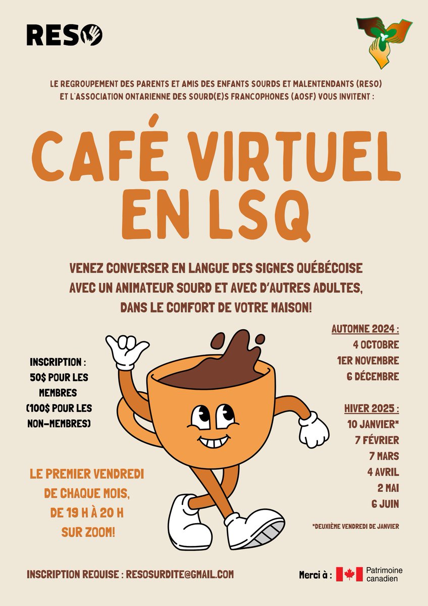 resosurdite's tweet photo. Vous avez peu d'occasions pour pratiquer votre LSQ? Vous voulez conserver ou améliorer vos compétences? Que vous participiez à des cours LSQ lors de la session d'automne 2024 ou pas, venez prendre un ''café'' virtuel avec nous! Questions/inscription : resosurdite@gmail.com https://t.co/6XfPWDUwCN