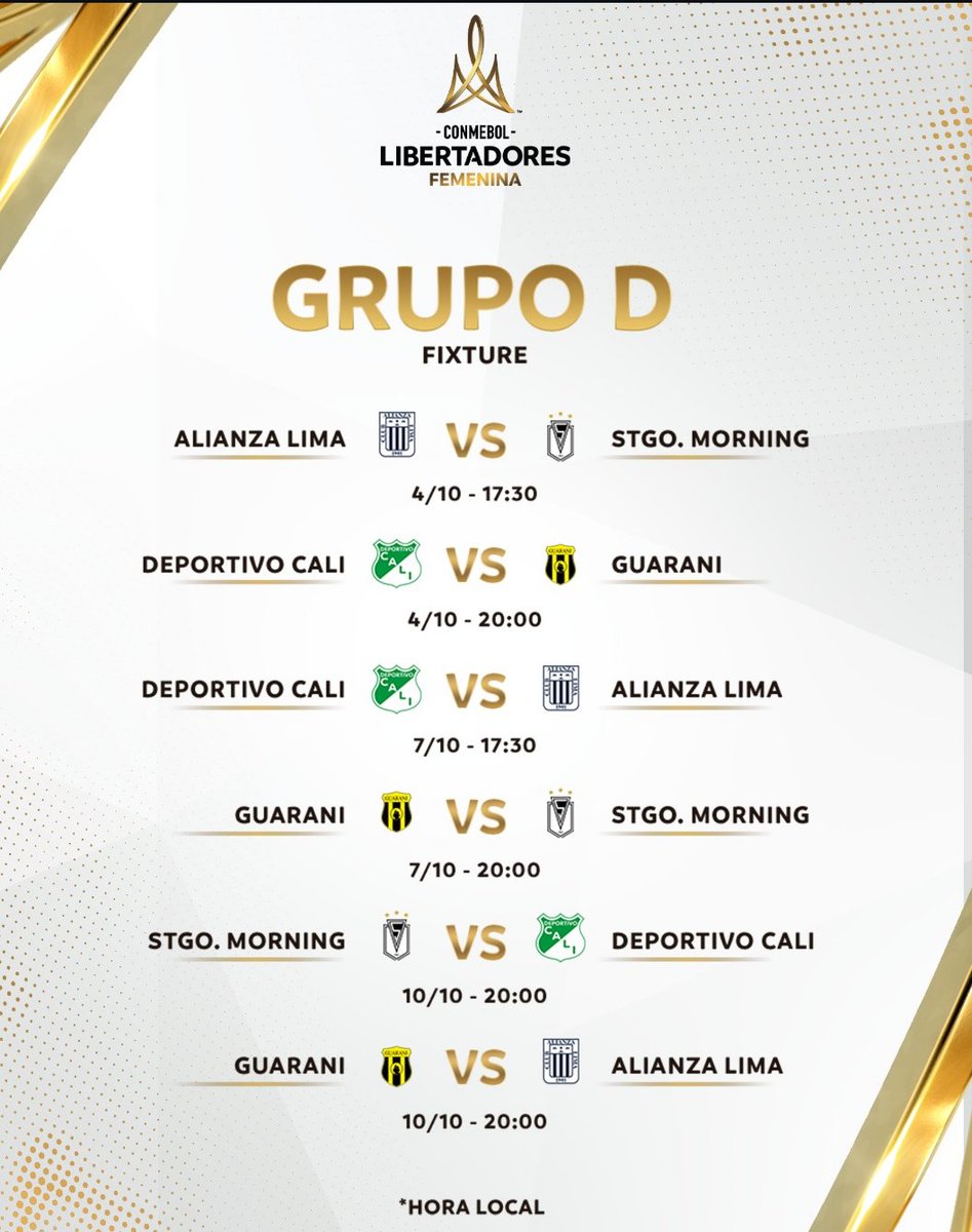 <a href="/AlianzaLimaFF/">Alianza Lima Femenino</a> 
Listo el fixture para el grupo D 

Viernes 4 4:30 pm  vs 🇨🇱 Stgo Morning 

Lunes 7 4:30 pm  vs 🇨🇴Deportivo Cali

Jueves 10 7:00 pm vs 🇵🇾Guaraní

La delegación debe estar conformada de 20 jugadoras, y 8 oficiales (comando técnico) dentro de los cuales debe haber 2
