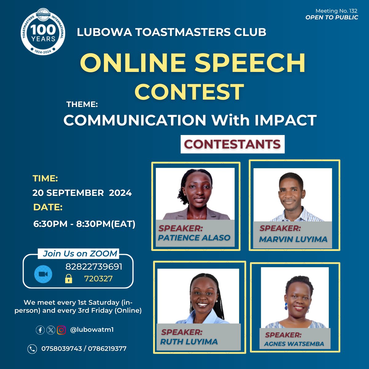 *MEET OUR INCREDIBLE CONTESTANTS! 🤩*🥳🥳

*Ruth Luyima, Marvin Luyima, Patience Alaso, and Agnes Watsemba are ready to inspire and impact with their powerful speeches! 💪*
*Let's celebrate the art of communication and the potential to create a ripple effect of positive change!