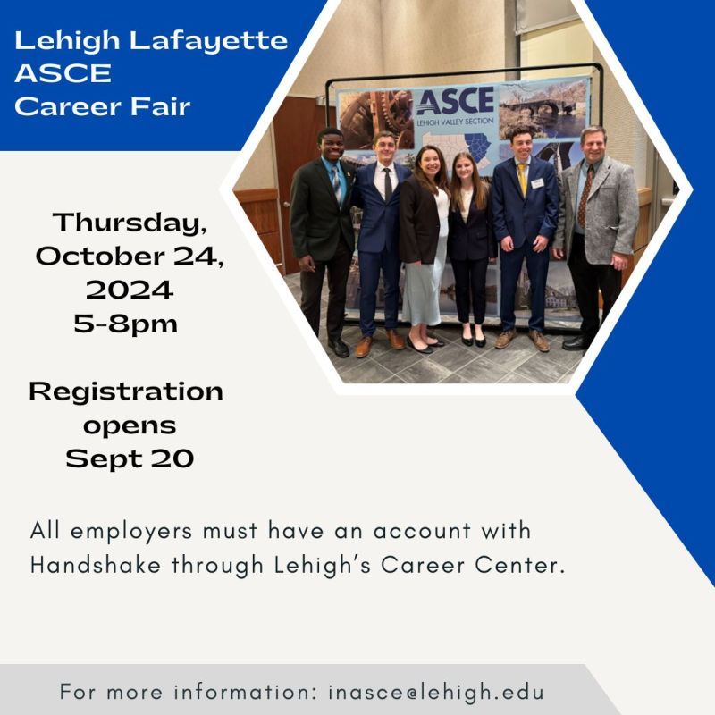 Looking for talented new employees? Join us for the 2024 Lehigh Lafayette ASCE Career Fair. Registration for companies begins Sept 20 at 8am.  app.joinhandshake.com/emp/career_fai…