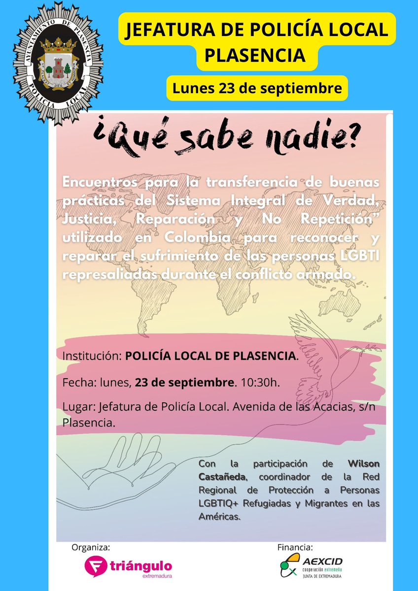 El lunes 23 de septiembre, en nuestra Jefatura, allí os esperamos .. alas 10:30h. abierto a todo el público..
#espaciolibrelgtbifobia
#policialocalplasencia