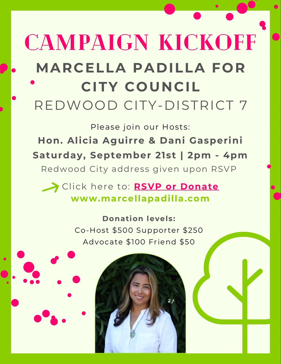 📆 Saturday, September 21 — Please join hosts Hon. Alicia Aguirre &amp; Dani Gasperini for a campaign kickoff event for SAMCAR-endorsed candidate for Redwood City Council (District 7), Marcella Padilla, from 2 PM to 4 PM in Redwood City (address upon RSVP). marcellapadilla.com/events/mp4rwck…