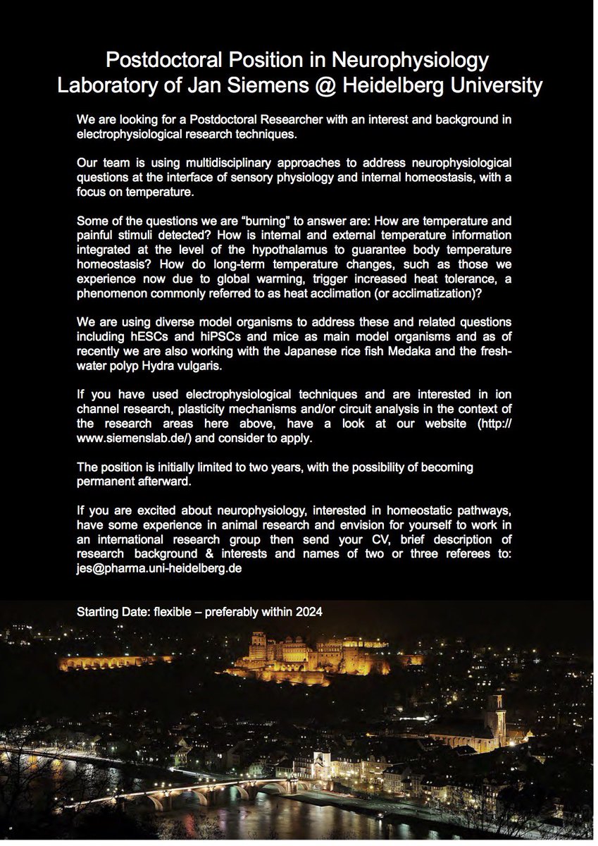 📢 Job alert - Postdoctoral Position/Electrophysiologist

Join us to explore thermosensitive, thermoregulatory, thermoadaptive (hypothalamic) pathways.

#Postdoc #ResearchOpportunity #Neuroscience #electrophysiology