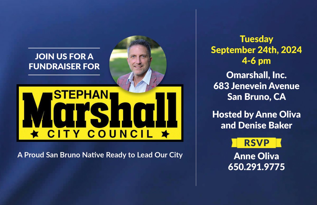 📆 Tuesday, September 24 — Please join hosts Anne Oliva and Denise Baker for a campaign fundraiser for SAMCAR-endorsed candidate for San Bruno City Council, Stephan Marshall, from 4 PM to 6 PM at the Omarshall, Inc. office in San Bruno. ℹ RSVP to Anne Oliva (650) 291-9775