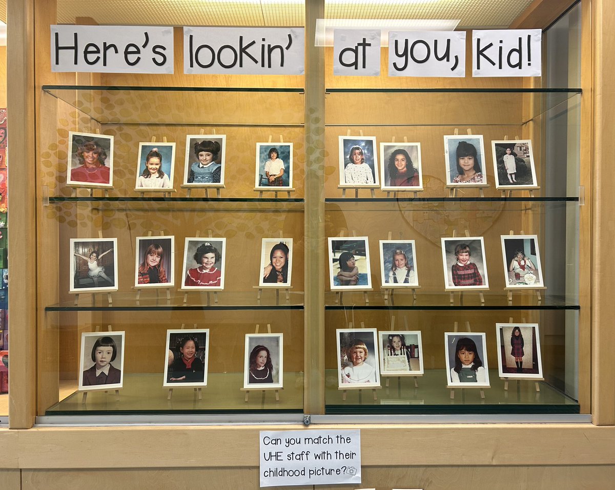 A fun #BackToSchool display at <a href="/uhe_sd41/">University Highlands</a>: school/childhood pics of school staff!