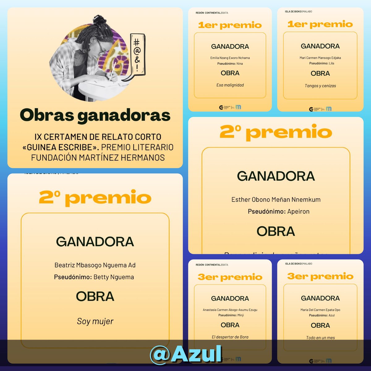 ᴜɴ ʜɪᴛᴏ ᴇɴ ʟᴏs ᴄᴇʀᴛᴀ́ᴍᴇɴᴇs ᴅᴇ ɢᴜɪɴᴇᴀ ᴇsᴄʀɪʙᴇ ᴇɴ ɢᴜɪɴᴇᴀ ᴇᴄᴜᴀᴛᴏʀɪᴀʟ. 
6 ᴍᴜᴊᴇʀᴇs, 6 ᴘʀᴇᴍɪᴀᴅᴀs. 

#literatura #guineaescribe #relatos 
#lpc #cdw #kiva