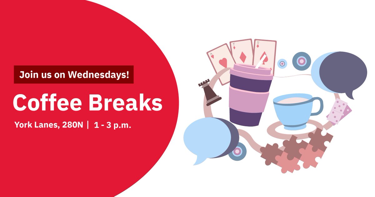 Take a break from your student duties and come hang out at our Coffee Breaks this semester! ☺️☕ 

Happening every Wednesday in York Lanes 280N, from 1 - 3 p.m. See when our next session is happening 👉 yorkinternational.yorku.ca/calendar/