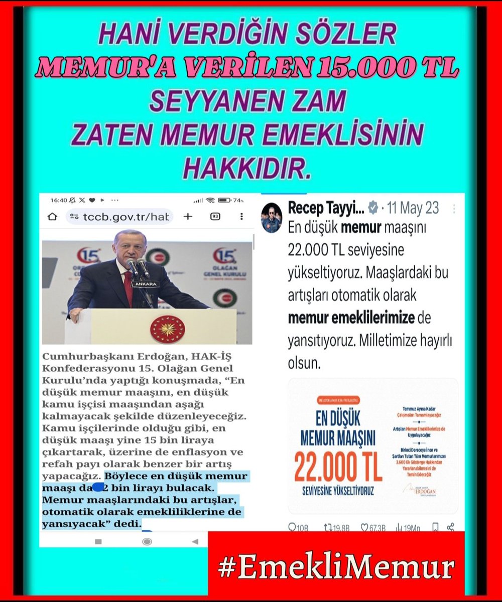 <a href="/etkilihaber/">Etkili Haber</a> <a href="/ibrahimyumakli/">İbrahim Yumaklı</a> sizlerin gelirleri arttı 6.aydabir 50.000 en az artıyor
#EmekliMemur perişan edildi. Enflasyonb%200 emeklimemurun maaşı %90 eksik
#BirinciDereceye3600 
#SeyyanenZam  nerde bunlar otomatik gelmesi gereken haklar kanunlara uymuyorsunuz. Sandık gelecek
<a href="/RTErdogan/">Recep Tayyip Erdoğan</a>