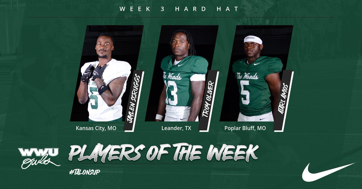 wwuowlsFB's tweet photo. Week 3 Hard Hat Players of the Week!

Def: Jaylen Scruggs
Off: Troy Oliver
ST: Atari Amos 

🦉 🏈 

#TalonsUp https://t.co/Tt2r13NSu8