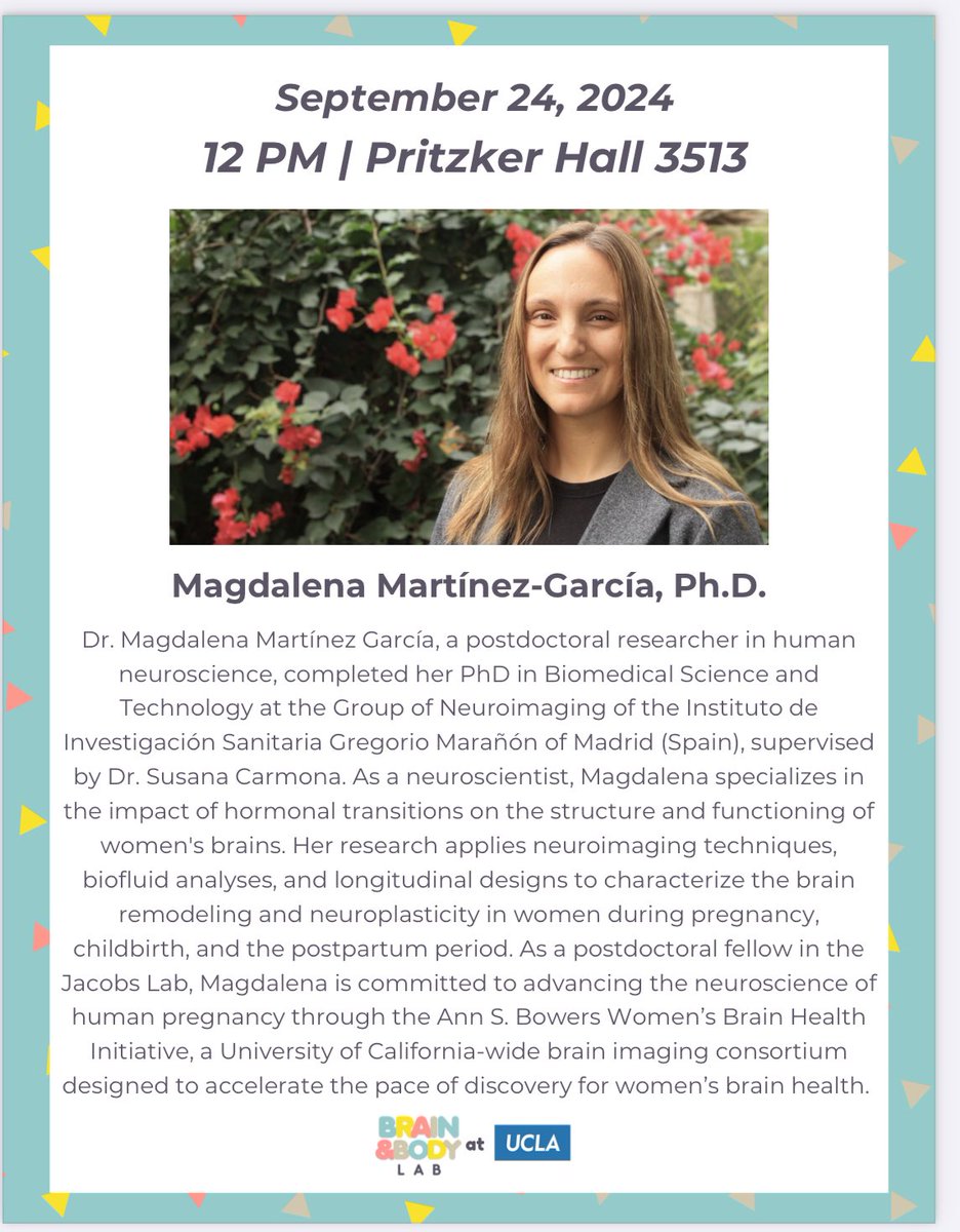 Magdalena Martínez-García PhD🦋 (@magdamartinezga) on Twitter photo Next Tuesday Sept 24th I’ll be giving a talk at <a href="/BABLab_UCLA/">Brain and Body Lab - UCLA</a>. If you’re at <a href="/UCLA/">UCLA</a> or LA area, please come say hi!
Thank you for the invitation <a href="/Dr_BCallaghan/">Dr. Bridget Callaghan</a> 💕 Next Tuesday Sept 24th I’ll be giving a talk at <a href="/BABLab_UCLA/">Brain and Body Lab - UCLA</a>. If you’re at <a href="/UCLA/">UCLA</a> or LA area, please come say hi!
Thank you for the invitation <a href="/Dr_BCallaghan/">Dr. Bridget Callaghan</a> 💕