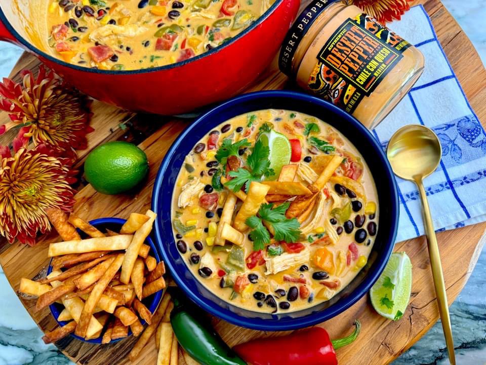 dishblock's tweet image. My 1st entry in the Desert Pepper Trading Company Blogger Recipe Challenge is Tex Mex Beer &amp;amp; Queso Chicken Chowder with Crunchy Tortilla Strips highlighting the Desert Pepper Chile con Queso! It was a huge hit!#desertpeppertradingco#desertpeppersalsa#desertpepperrecipechallenge