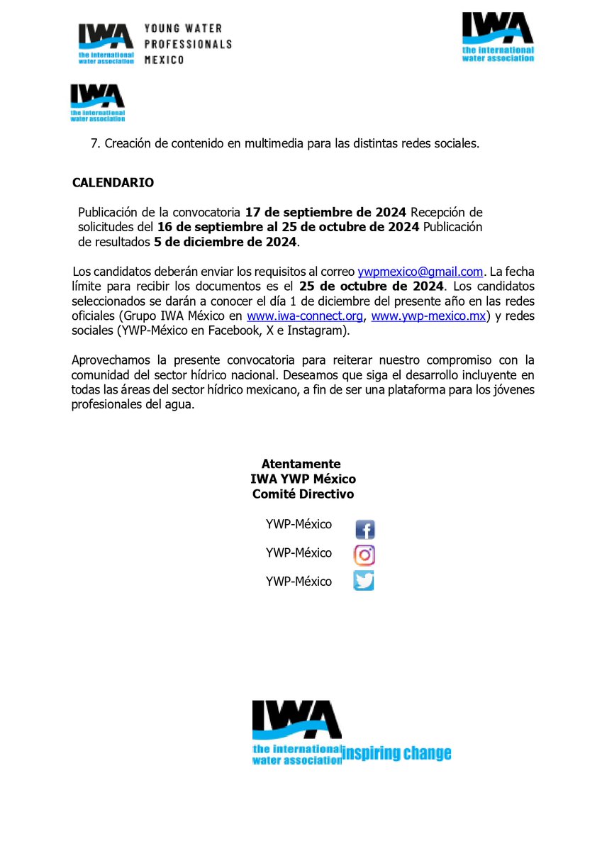 📣ATENCIÓN #ywpméxico 
👩‍💻👨‍🏫🧑‍🔬👷‍♀️
Si eres joven que trabaja o estudias temas relacionados con el #Agua esta convocatoria es para ti. Tienes hasta el 25 de octubre para participar! ⏳

⬇️La convocatoria completa la pueden encontrar en las imágenes.

❓Dudas vía mail