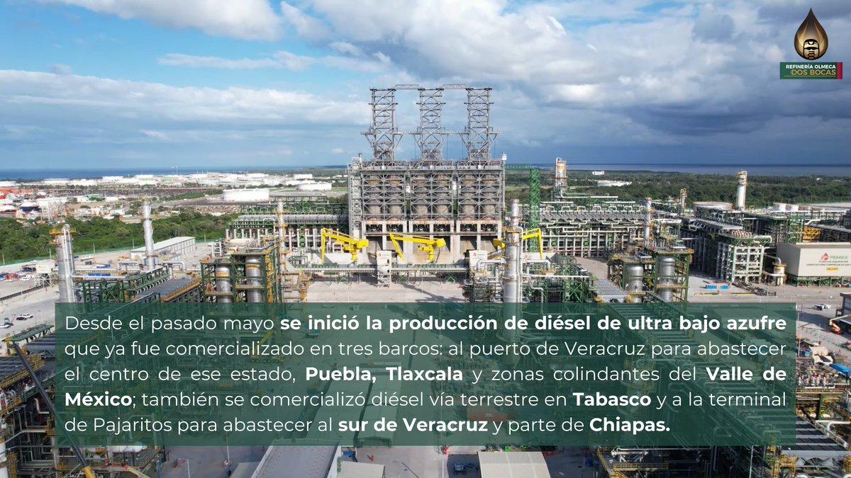 En la Refinería Olmeca Dos Bocas iniciamos, en el mes de mayo, la producción de Diésel de Ultra Bajo Azufre🛢️, mismo que ya ha sido comercializado para abastecer diferentes zonas del país.
#6Informe
#LoHicimosEntreTodos
