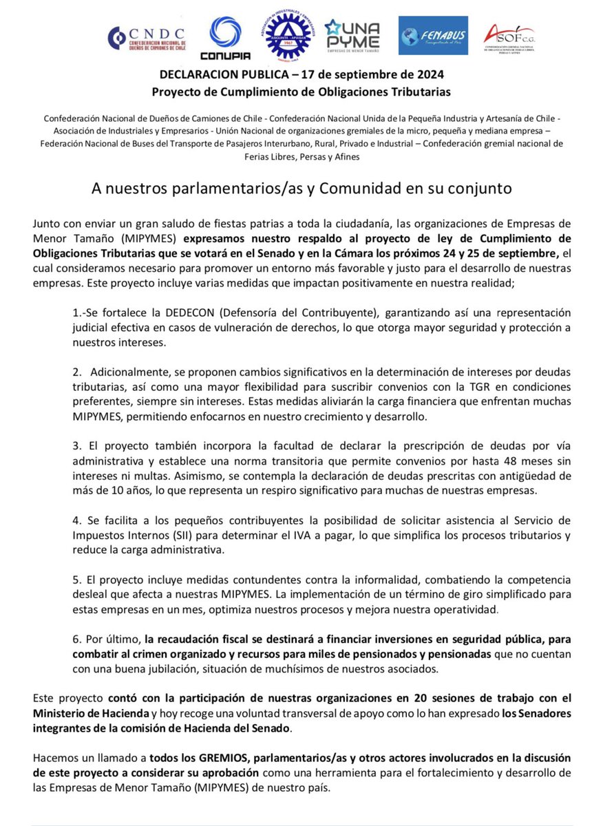 DECLARACIÓN PÚBLICA 

“Proyecto de Cumplimiento de Obligaciones Tributarias”

<a href="/Senado_Chile/">Senado Chile</a> <a href="/Camara_cl/">Diputadas y Diputados de Chile</a>