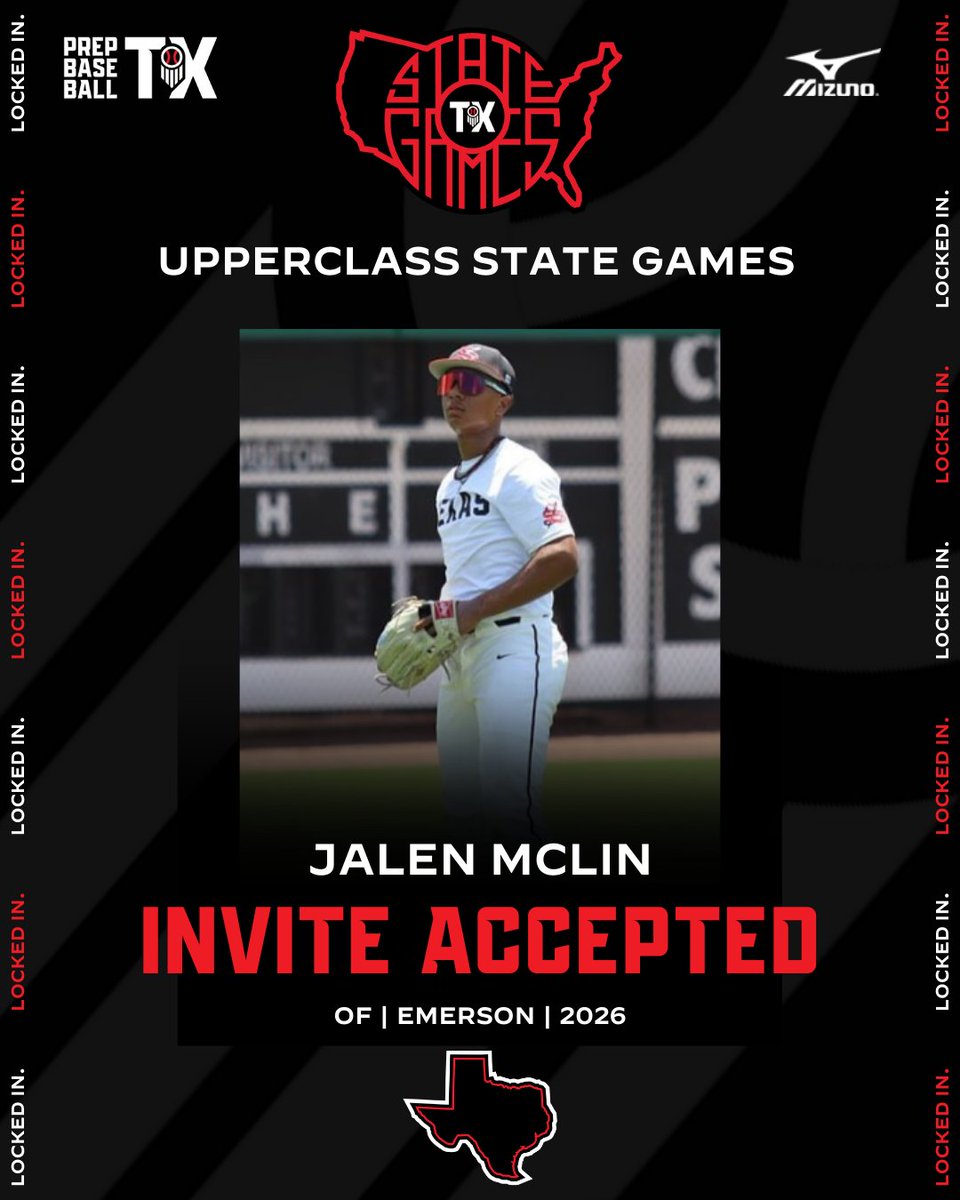 Prep Baseball Texas (@prepbaseball_tx) on Twitter photo 𝐔𝐩𝐩𝐞𝐫𝐜𝐥𝐚𝐬𝐬 𝐒𝐭𝐚𝐭𝐞 𝐆𝐚𝐦𝐞𝐬 𝐈𝐧𝐯𝐢𝐭𝐞 𝐀𝐜𝐜𝐞𝐩𝐭𝐞𝐝
'26 OF Jalen McLin (<a href="/_JalenMcLin/">Jalen “JJ” McLin</a>)
<a href="/EhsMavsBaseball/">Emerson Mavericks Baseball</a> | <a href="/StixBaseballTX/">Stix Baseball</a>
McLin will join us at the 3rd Annual State Games, 9/20-9/22 at Weatherford JC.
More Info: loom.ly/Yzv1DgY 𝐔𝐩𝐩𝐞𝐫𝐜𝐥𝐚𝐬𝐬 𝐒𝐭𝐚𝐭𝐞 𝐆𝐚𝐦𝐞𝐬 𝐈𝐧𝐯𝐢𝐭𝐞 𝐀𝐜𝐜𝐞𝐩𝐭𝐞𝐝
'26 OF Jalen McLin (<a href="/_JalenMcLin/">Jalen “JJ” McLin</a>)
<a href="/EhsMavsBaseball/">Emerson Mavericks Baseball</a> | <a href="/StixBaseballTX/">Stix Baseball</a>
McLin will join us at the 3rd Annual State Games, 9/20-9/22 at Weatherford JC.
More Info: loom.ly/Yzv1DgY