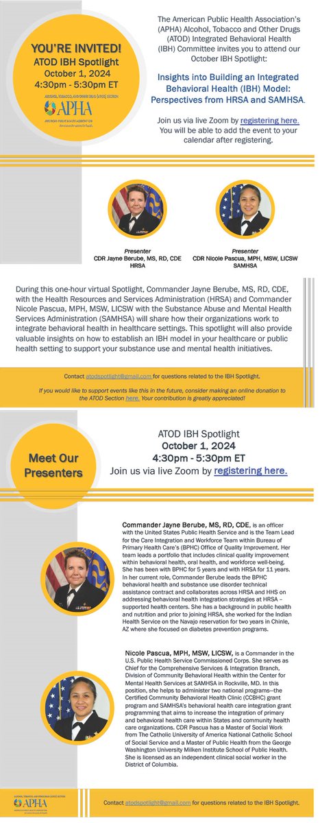 ATOD IBH Spotlight - Insights into Building an Integrated Behavioral Health Model: Perspectives from HRSA and SAMHSA 
Registering here (apha.zoom.us/meeting/regist…)