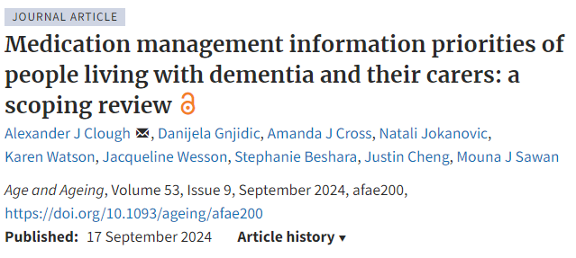 Hot off the press. Our scoping review highlights key information priorities to help people with dementia &amp; carers engage in discussions and make informed decisions about medications for safer use - perfect timing for #DementiaActionWeek academic.oup.com/ageing/article…