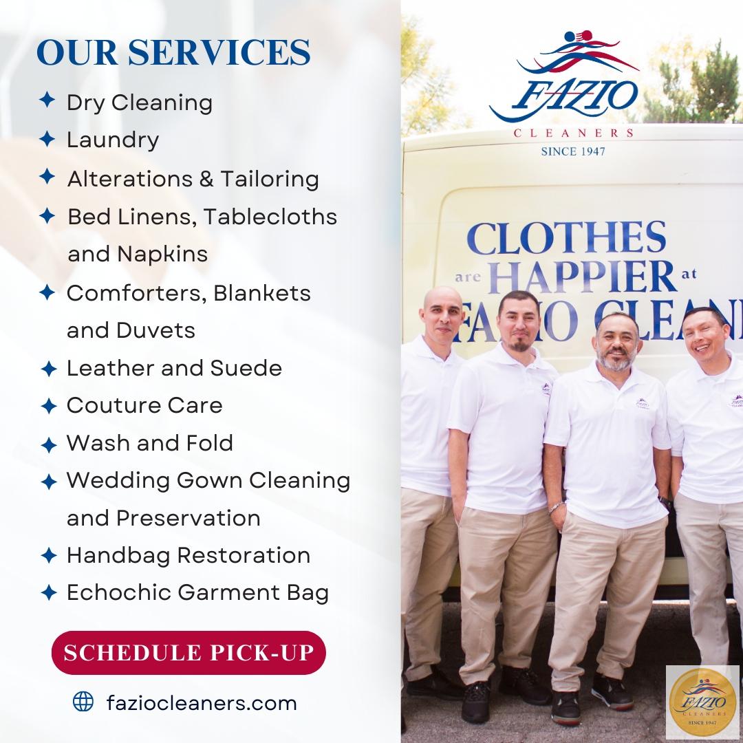 Experience exceptional service at Fazio Cleaners! From expert dry cleaning and laundry to precise alterations and more, we ensure the highest quality care for all your needs. 👔👗 Trust our professionals to make you look and feel your best! 

Explore our full range of services...