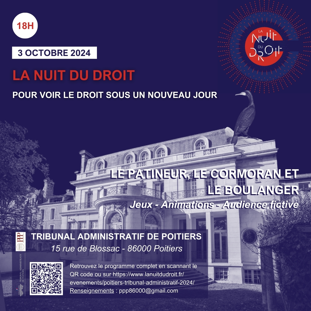 Partenariat des Publicistes Poitevins (@assoppp_) on Twitter photo Pour la <a href="/NuitDuDroit/">La Nuit Du Droit</a> 2024, le PPP et le TA de Poitiers vous invitent à découvrir la juridiction administrative au travers de jeux et d'une audience fictive ⚖L'entrée est libre, venez nombreux !
➡ Programme complet : bit.ly/3zqfYyf Pour la <a href="/NuitDuDroit/">La Nuit Du Droit</a> 2024, le PPP et le TA de Poitiers vous invitent à découvrir la juridiction administrative au travers de jeux et d'une audience fictive ⚖L'entrée est libre, venez nombreux !
➡ Programme complet : bit.ly/3zqfYyf