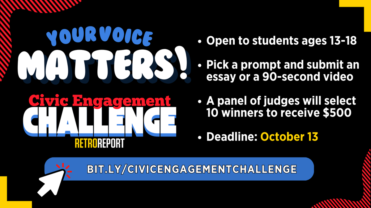 Retro Report is looking for students from across the country to share their perspectives as civically-engaged citizens. #Teachers, ask your students to create a written or video essay for the #CivicEngagementChallenge TODAY! See rules and regulations: bit.ly/civicengagemen…