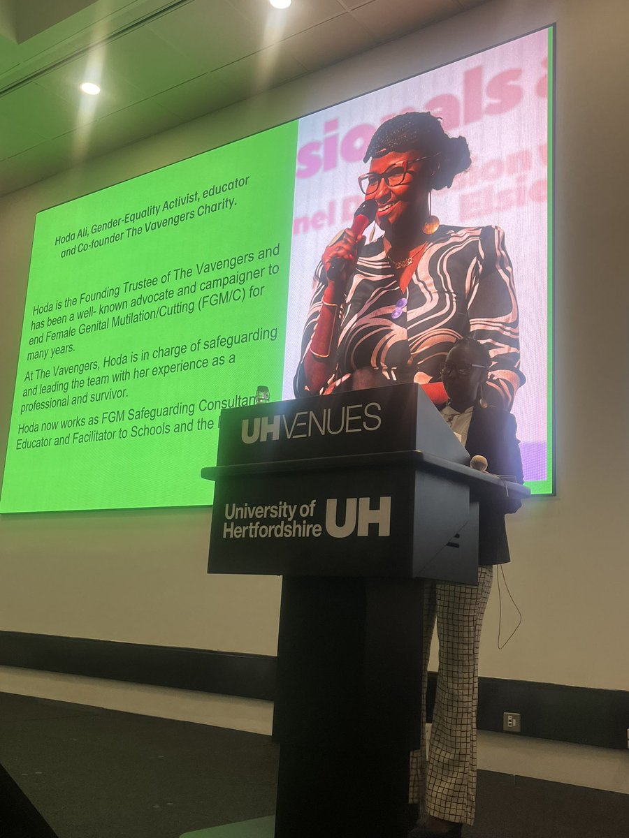 The amazing <a href="/HodoMAli/">Hoda M Ali</a> , co-founder of <a href="/TheVavengers/">The Vavengers</a>, human rights activist and many more things. Speaking at Herts conference on tackling VAWG. Highlighting the importance of safeguarding sessions with a focus on FGM in schools for pupils, parents and teachers
#VAWGconference
