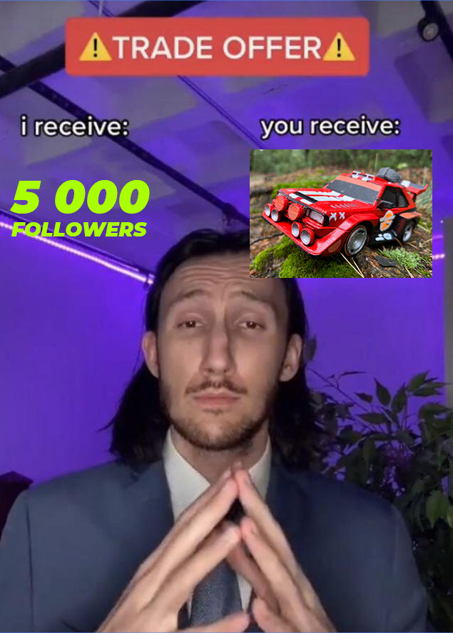 TRADE OFFER!!
We receive 5,000 followers before the game releases, and one random follower gets a 3D-printed car of their choice. READY! SET! GO!
#indiegame #indiedev #games #giveaway