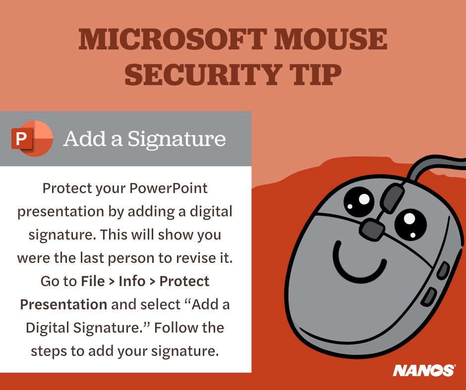 adNETtechnology's tweet image. Embed electronic signatures to ensure document integrity and authenticate your presentations. This feature is also available in other #Microsoft products like Word and Excel. #PowerPoint #Signature #Nanos