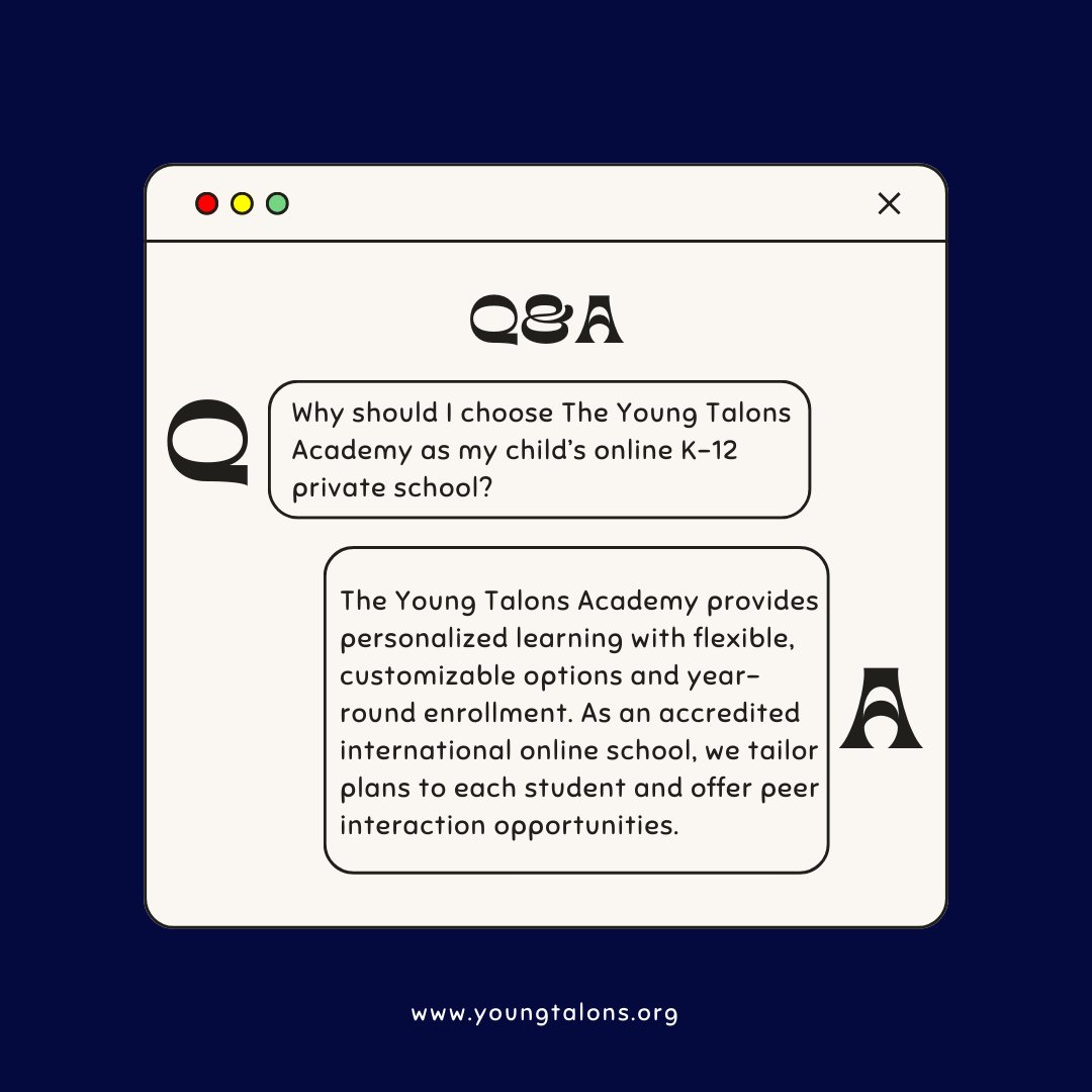 Why choose The Young Talons Academy for your child’s education? 🎓 Flexible schedules, personalized learning, and a supportive community—everything they need to succeed. Learn more at youngtalons.org. #OnlineLearning #YoungTalons #QandA