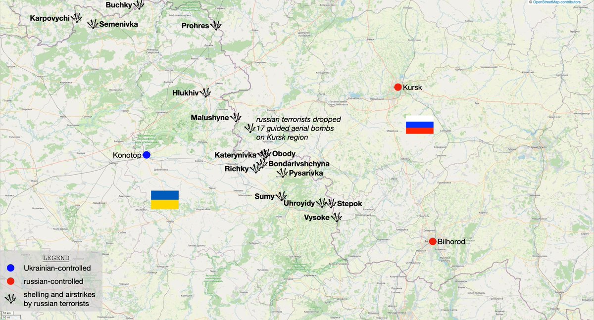 mhmck's tweet image. Protected by the United States in the Russian Federation, russian terrorists dropped 18 guided aerial bombs on Hlukiv, Malushyne, Obody, Richky, Katerynivka, Bondarivshchyna, Pysarivka and the city of Sumy in Sumy region.

They dropped 17 guided aerial bombs on Kursk region.

1/2