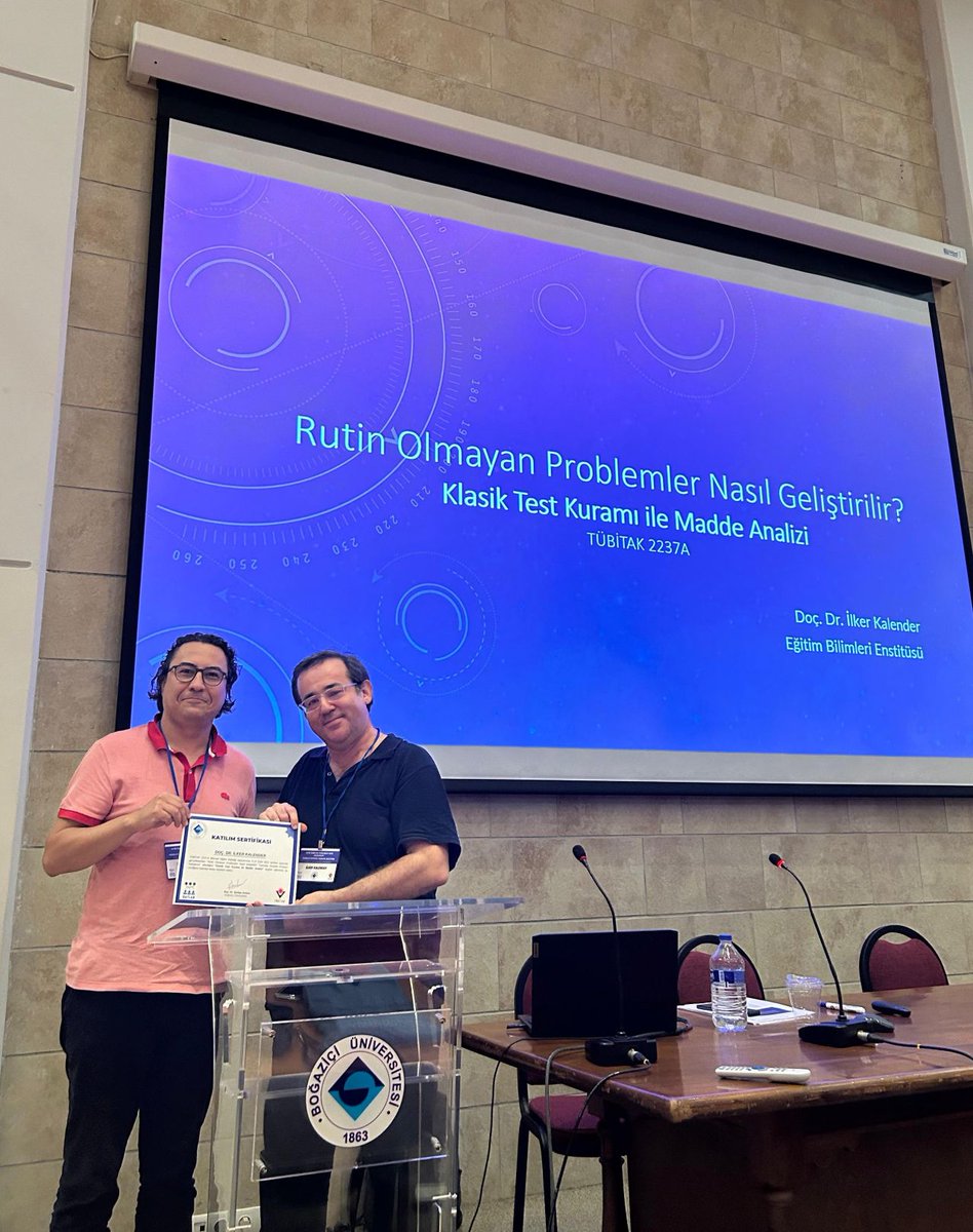 Dr. Serkan ARIKAN yürütücülüğünde Boğaziçi Üniversitesinde düzenlenen TÜBİTAK 2237-A destekli “Rutin Olmayan Problemler Nasıl Geliştirilir? başlıklı eğitimde Klasik Test Kuramı ile Madde Analizi konulu dersimden…