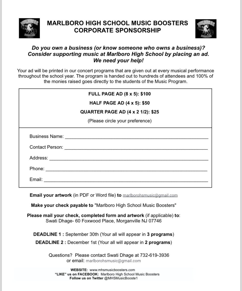 MARLBORO HIGH SCHOOL MUSIC BOOSTERS CORPORATE SPONSORSHIP
