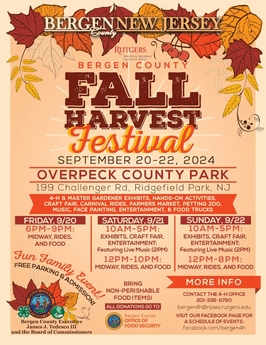Don't miss this full weekend of fun, food, entertainment, and activities for the whole family! Fall Harvest Festival at Overpeck County Park is this weekend! Get details: mybergen.com/events/bergen-…