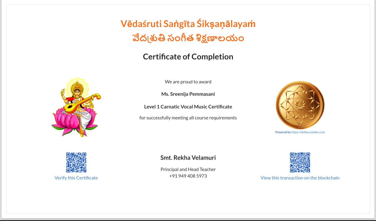 Congratulations to Vedasruti Music School and Sreenija!

#music #school #musicschool #musicteacher #certificate #NFT #SBT #carnaticmusic
