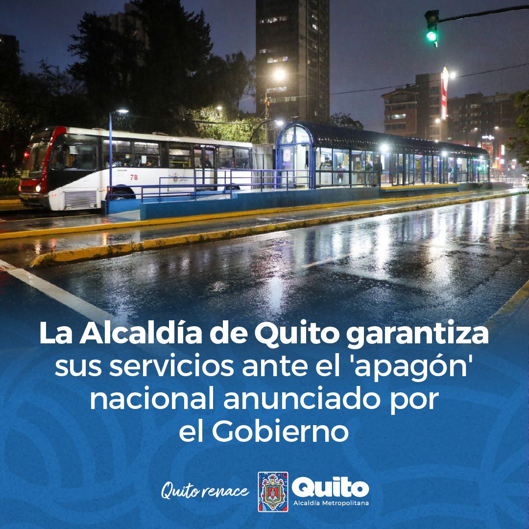 MunicipioQuito's tweet photo. 🚎 #QuitoInformado | Tras el anuncio del Gobierno Nacional sobre los cortes de luz a escala nacional, la noche del miércoles 18 de septiembre de 2024 desde las 22h00 hasta las 06h00 del jueves 19 de septiembre, y la emisión del Decreto Ejecutivo pertinente, la Alcaldía de Quito implementará acciones para garantizar los servicios ciudadanos y el normal funcionamiento de la ciudad.

🔗 Lee la nota completa aquí: https://t.co/nz0oTMXvKi

#QuitoRenace