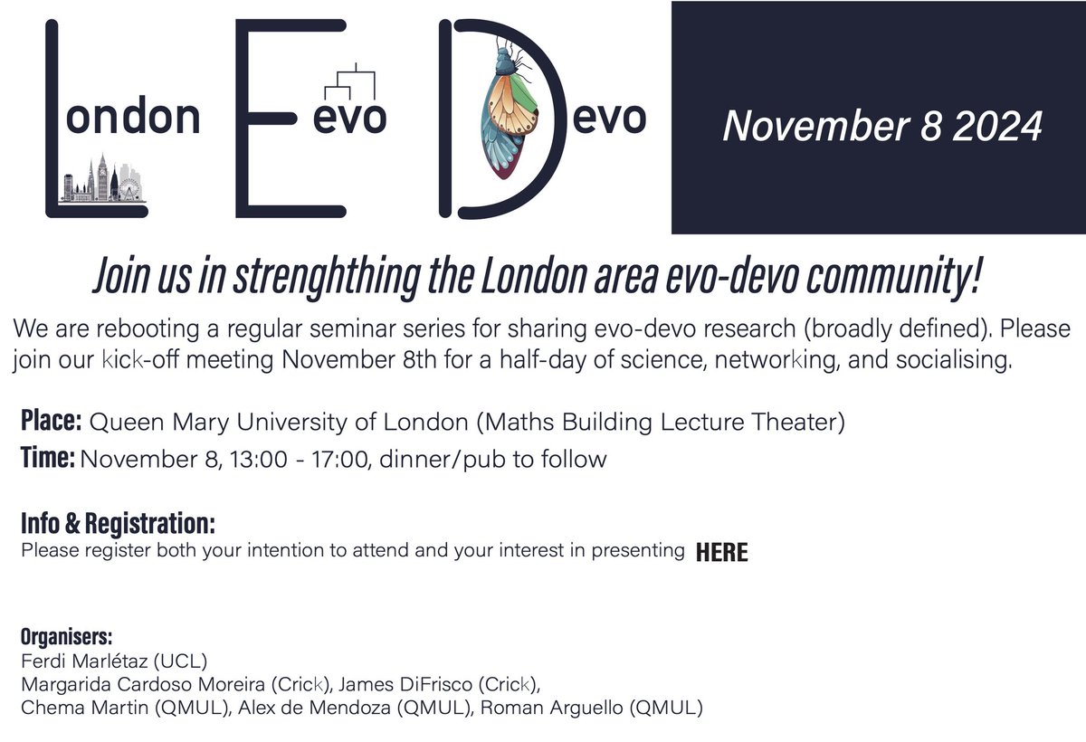 Martín-Durán lab (@chema_md) on Twitter photo 🚨Mark your calendars! We are launching the London EvoDevo club, a space to learn great new science, meet new colleagues and have fun! First meeting on Nov the 8th at <a href="/QMUL/">Queen Mary University of London</a>
Register now! shorturl.at/34BOj
<a href="/MargaridaMCM/">Margarida Cardoso Moreira</a> <a href="/deMendoza_Alex/">Alex de Mendoza</a> <a href="/Ferdix/">Ferdinand Marlétaz</a> 🚨Mark your calendars! We are launching the London EvoDevo club, a space to learn great new science, meet new colleagues and have fun! First meeting on Nov the 8th at <a href="/QMUL/">Queen Mary University of London</a>
Register now! shorturl.at/34BOj
<a href="/MargaridaMCM/">Margarida Cardoso Moreira</a> <a href="/deMendoza_Alex/">Alex de Mendoza</a> <a href="/Ferdix/">Ferdinand Marlétaz</a>