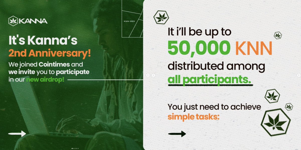 Kanna_Coin's tweet image. 📢 Kanna’s 2nd Anniversary 📢
To celebrate our second anniversary, we’re launching a 100,000 KNN airdrop.

🔹 Start Date: 09/13
🔹 How to Participate:

Follow us on Instagram
Follow us on Linkedin
Join our Discord
Subscribe to our newsletter
Engage in our Discord and earn…