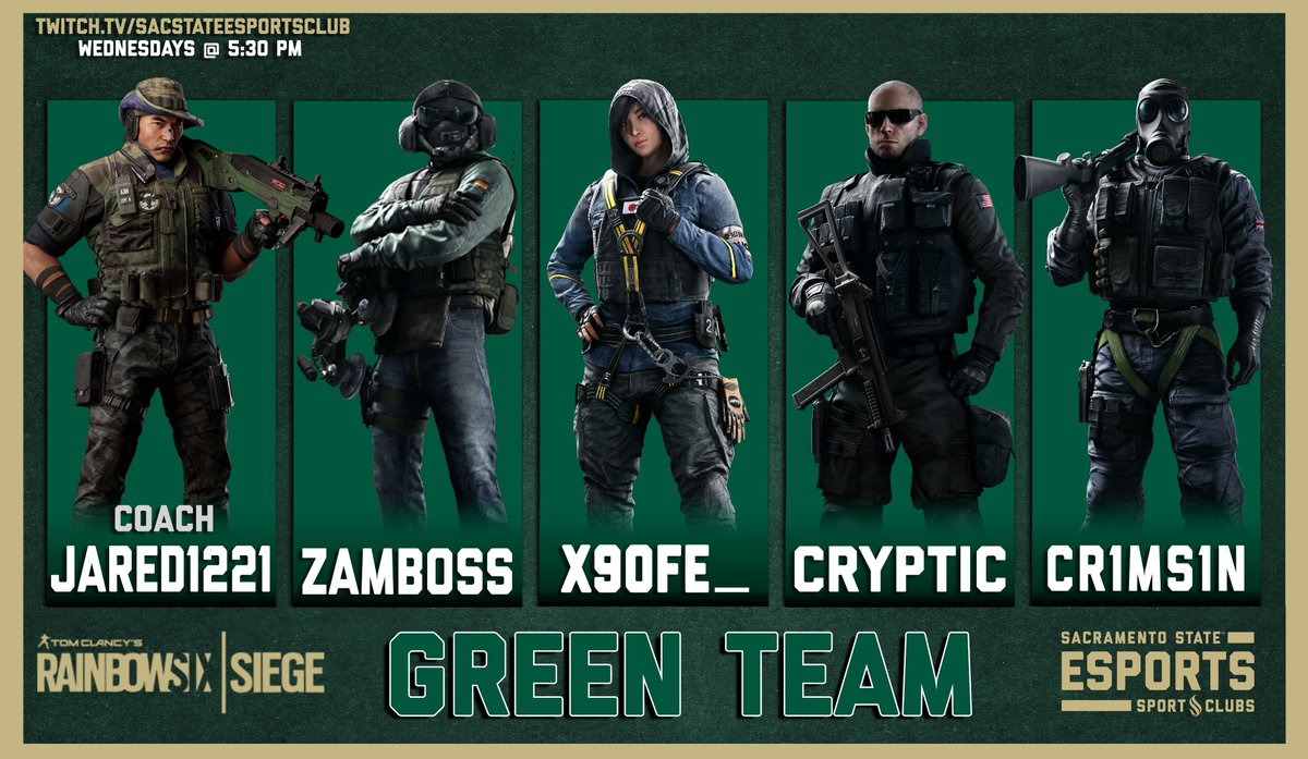 Sac states Fall 2024 Rainbow Six Siege Green Team!! Get ready to watch them dominate the competition every Wednesday😎