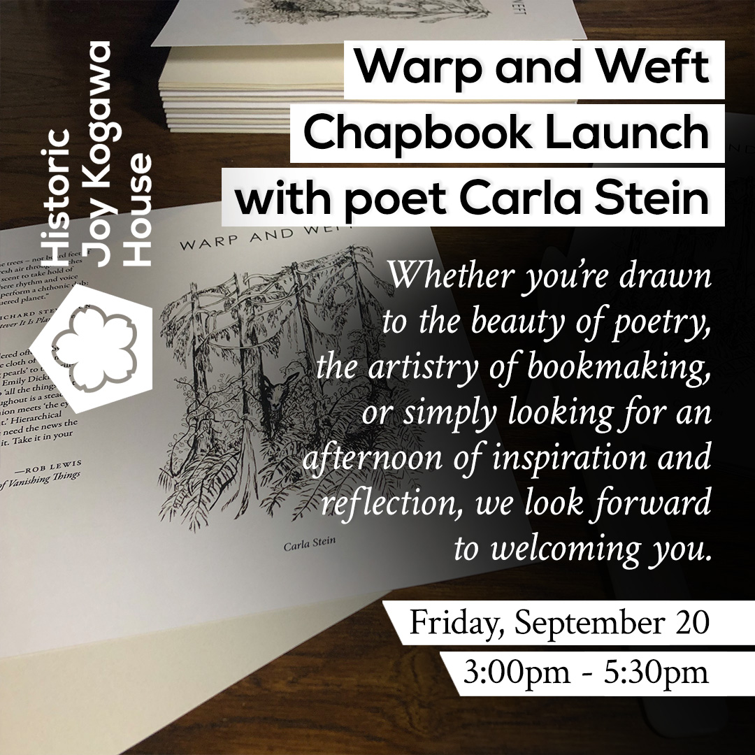 Join us for the launch of Warp and Weft, a chapbook by Carla Stein from Tiger Petal Press,  part of <a href="/BCCultureDays/">BC Culture Days</a>! Carla will read, &amp; Carolin Peterson will  demo how handmade chapbooks are crafted. Don’t miss this peek into bookmaking! #BCCultureDays culturedays.ca/en/events/c619…