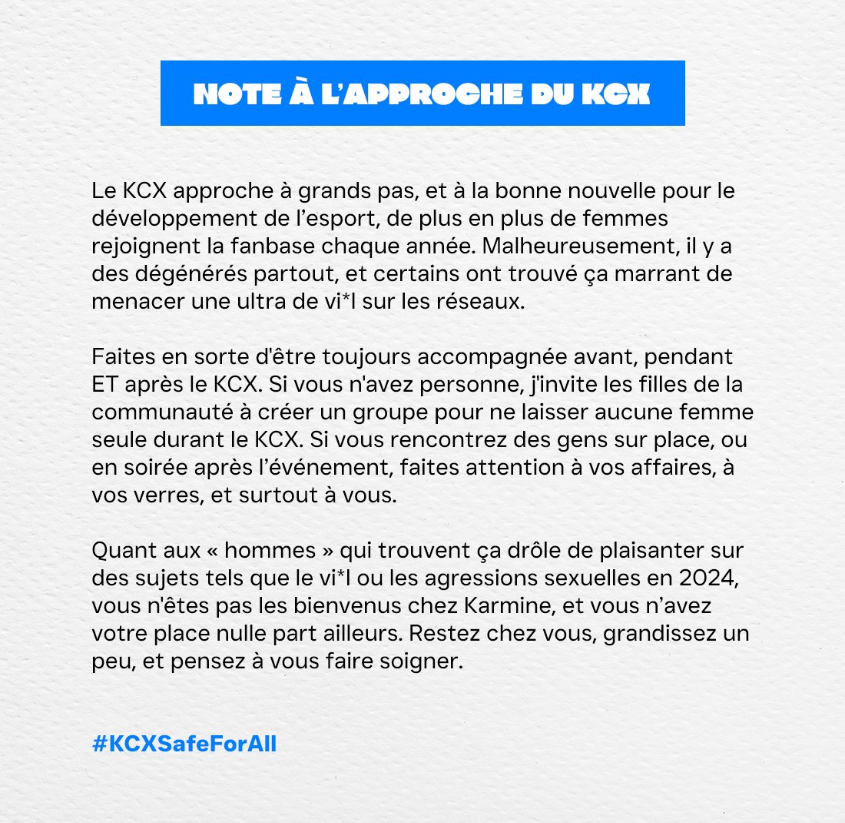 IAlive13's tweet photo. Là ou l'e-sport est censé être un sport tolérance et de respect de tous les genres on se retrouve a faire ce genre de rappel tout ça a cause des connards pareils.
force aux frérots de la KC mais y'a du ménage a faire
Prenez soin de vous et paix sur vous 💛🖤💙
#KCXSafeForAll https://t.co/LV6mMmDmmz