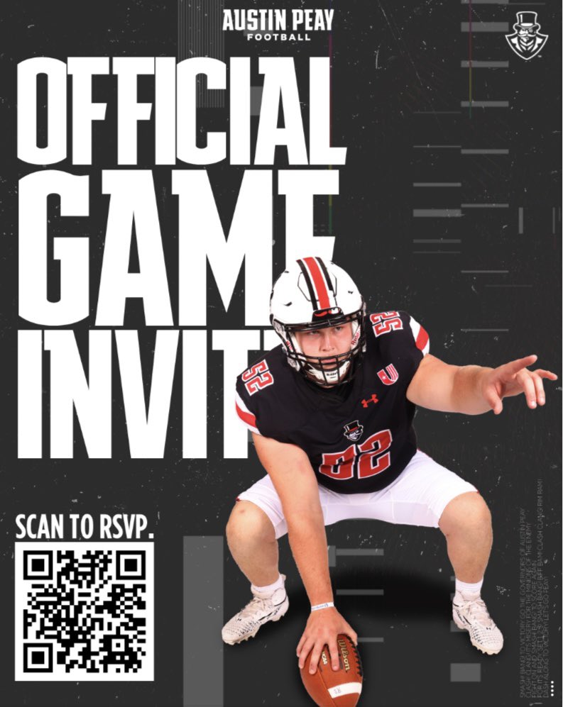 Recruits, come join <a href="/GovsFB/">Austin Peay Football</a> for a gameday at the Fort. RSVP by scanning the QR code. Hope to see y’all Saturday as we take on Alabama A&amp;M. #letsgopeay