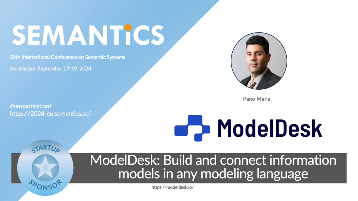 SEMANTiCS Conference (@semanticsconf) on Twitter photo At #SemanticsConf, Pano Maria (<a href="/panomaria/">Pano Maria</a>) from our Startup Sponsor will unveil ModelDesk—a platform for connecting data models in any language. 🌐 See how ModelDesk ensures interoperability with standards like RDFS/OWL and SKOS, bridging gaps between business and data teams. At #SemanticsConf, Pano Maria (<a href="/panomaria/">Pano Maria</a>) from our Startup Sponsor will unveil ModelDesk—a platform for connecting data models in any language. 🌐 See how ModelDesk ensures interoperability with standards like RDFS/OWL and SKOS, bridging gaps between business and data teams.