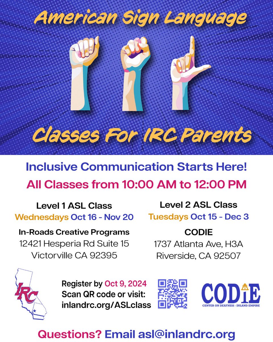 InlandRegional's tweet image. 👐✨ ASL Classes for IRC Parents are here! Learn ASL & boost inclusive communication! 🌟  
📅 Level 1: Oct 16-Nov 20 (Victorville)  
📅 Level 2: Oct 15-Dec 3 (Riverside)  
⏰ 10 AM - 12 PM  
👉 Register by Oct 9: (inlandrc.org/pec-events/asl…)  
#ASLClasses #IRCParents #SignLanguage