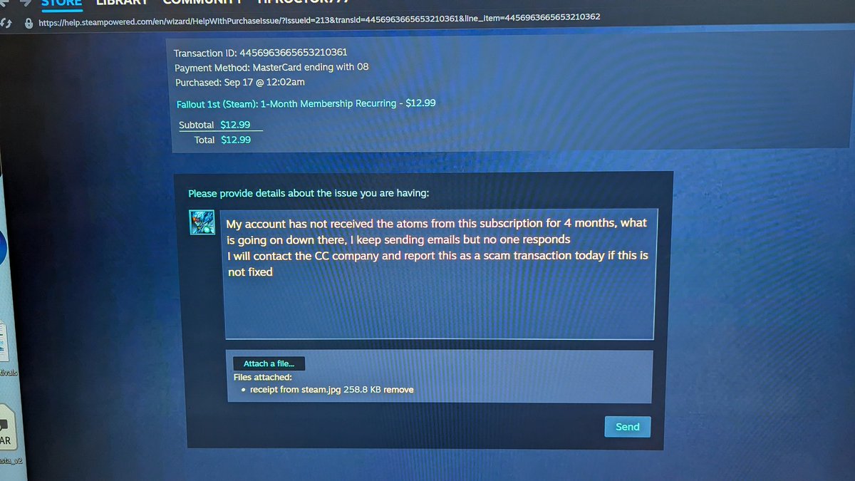 After charging me for 4 months, <a href="/Steam/">Steam</a>  still doesn't give me the game assets supposed to be included in a paid monthly membership, check your receipt they charged me again but nothing is added to my account