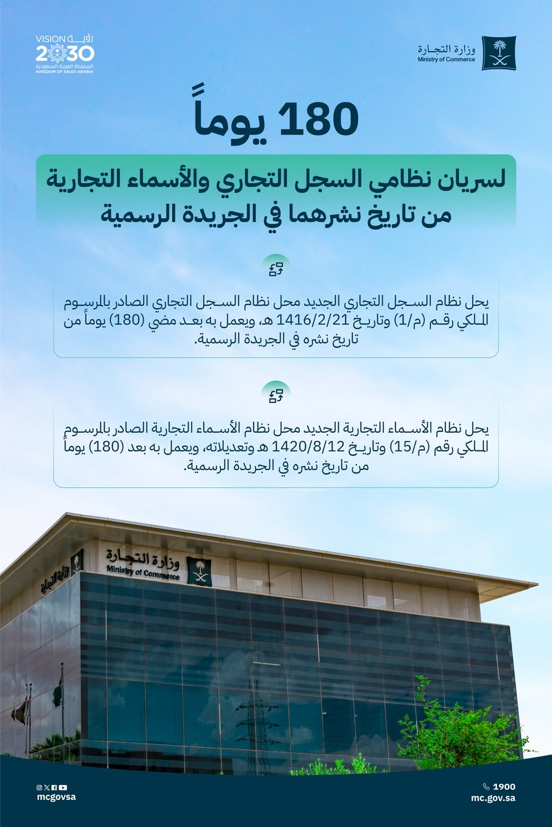 يبدأ العمل بنظاميّ السجل التجاري والأسماء التجارية بعد 180 يومًا من تاريخ نشرهما في الجريدة الرسمية.

 - #نظام_السجل_التجاري_الجديد 
 - #نظام_الأسماء_التجارية_الجديد