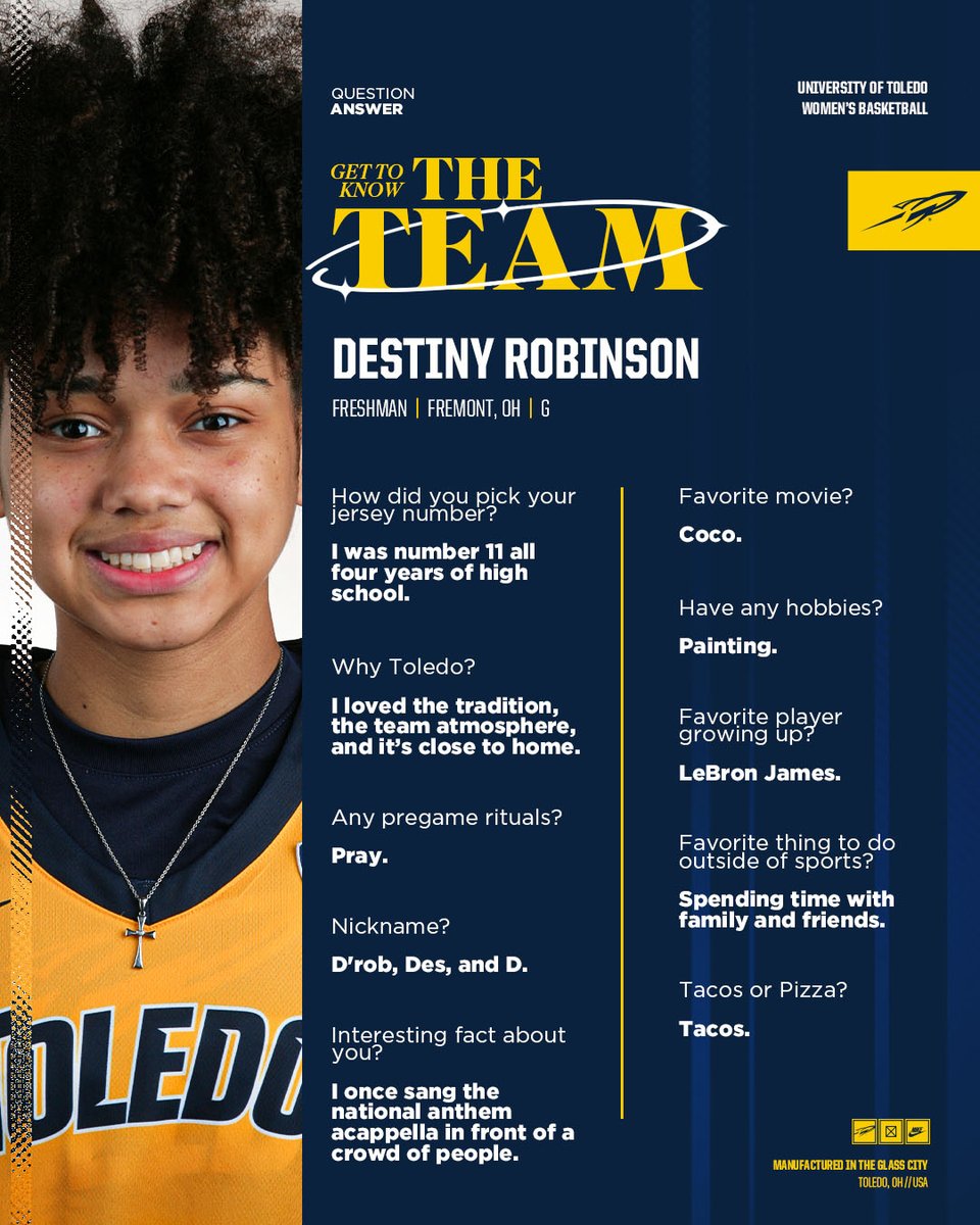 Toledo Women's Basketball (@toledowbb) on Twitter photo π΅ Sang an acappella national anthem
π‘ Enjoys painting
π΅ Has three different nicknames
Get to know #11, Destiny Robinson! π
#TeamToledo | <a href="/destinyr0binson/">Destiny Robinson</a> π΅ Sang an acappella national anthem
π‘ Enjoys painting
π΅ Has three different nicknames
Get to know #11, Destiny Robinson! π
#TeamToledo | <a href="/destinyr0binson/">Destiny Robinson</a>