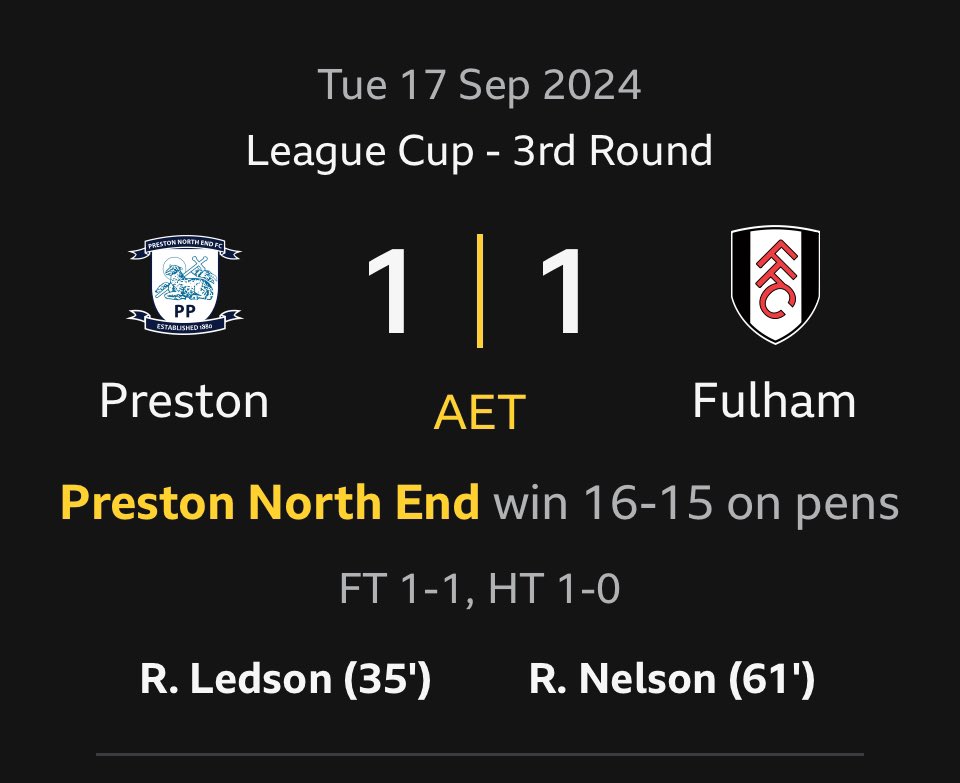 It’s not often I can celebrate being a PNE fan but that was an incredible finish to beat Premier league club Fulham in the League Cup! <a href="/KSCSport1/">KSCSport</a>