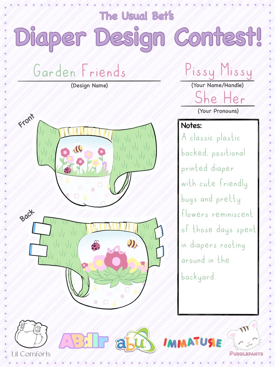 We have four more runner ups, who will be given $50 gift cards to ABUniverse.  Thanks <a href="/ABUDiapers/">AB Universe</a>!  The winners include @RiverMut with Punishment Pamps, <a href="/fawnyABDL/">fawnyABDL 🔞 (yippee!)</a> with Pink Posies, <a href="/RageSamuraiX/">RageSamuraiX</a> with Castles~, and <a href="/PissyMissyArtz/">🎨 Pissy Missy Artz 🔞</a> with Garden Friends!