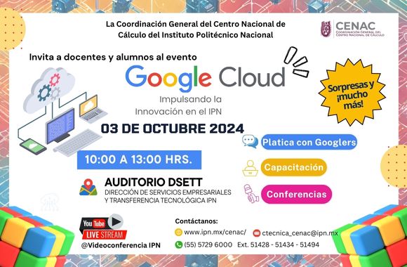 La Coordinación General del Centro Nacional de Cálculo invita a docentes y alumnos al evento:
"Google Cloud Impulsando la Innovación en el #IPN".  

🗓️3 de octubre
⏰10:00 a 13:00 h
📍<a href="/DSETT_IPN/">DSETT</a>
Registro: ipn.mx/cenac/academia…